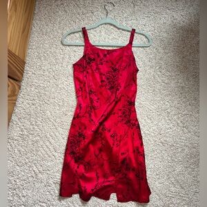 Red Embroidered Floral Silk Slip Dress
